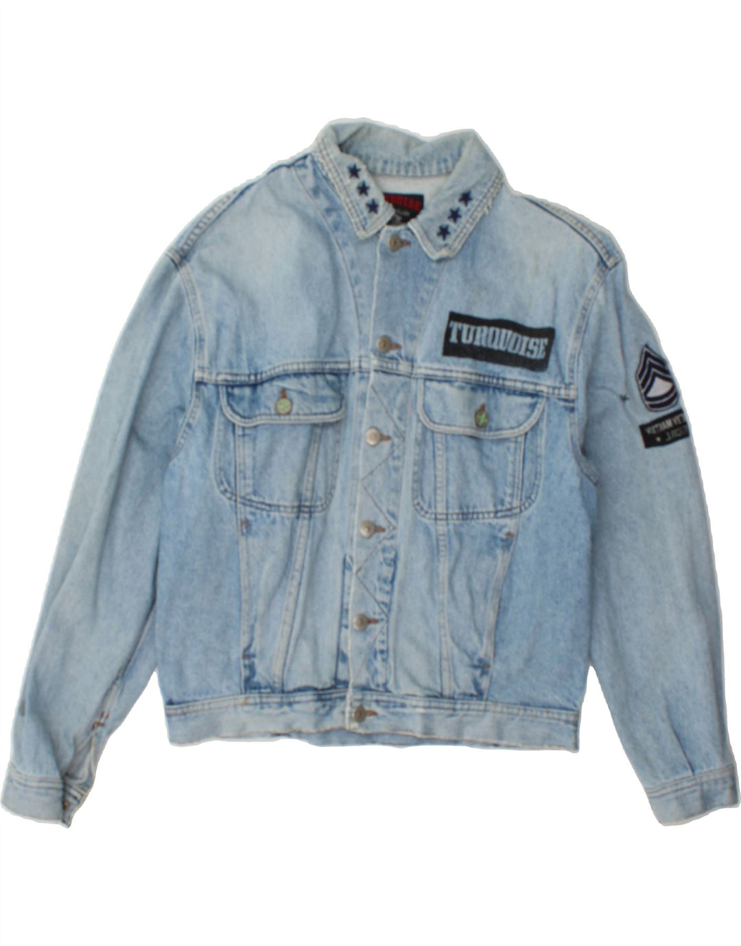 VINTAGE Mens Graphic Denim Jacket UK 38 Medium Blue Vintage Vintage and Second-Hand Vintage from Messina Hembry 