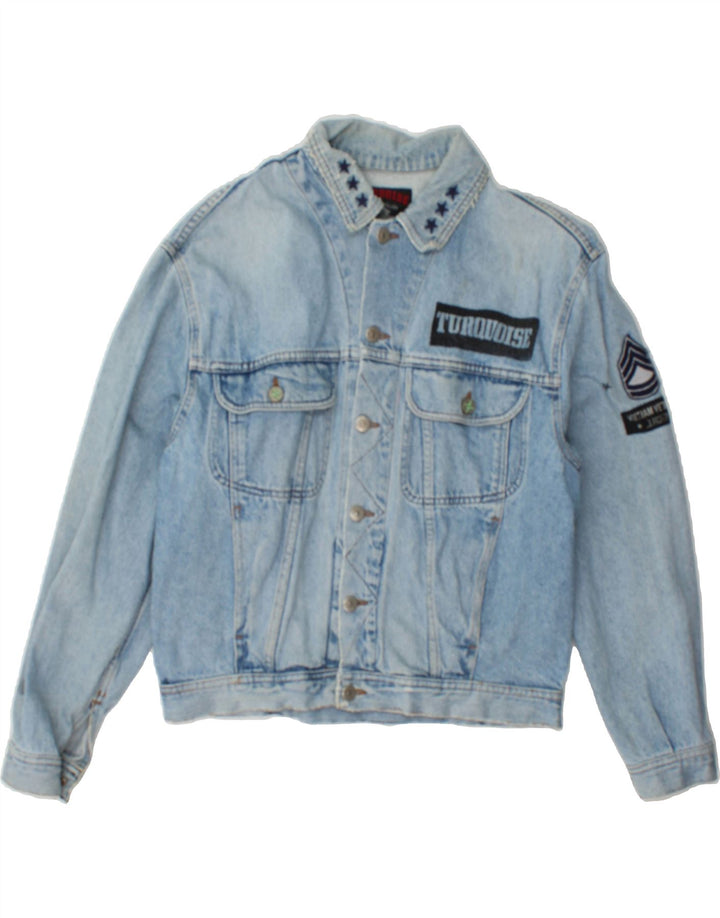 VINTAGE Mens Graphic Denim Jacket UK 38 Medium Blue Vintage Vintage and Second-Hand Vintage from Messina Hembry 