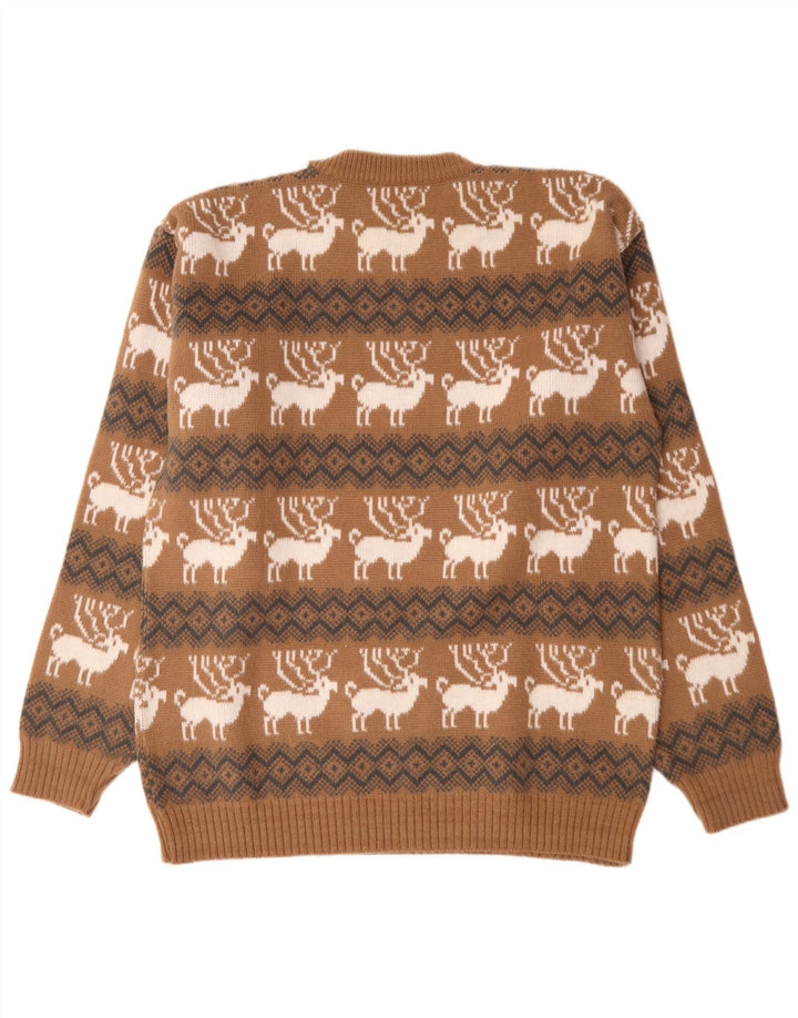 Vintage herre sweater med rund hals, stor brun Fair Isle