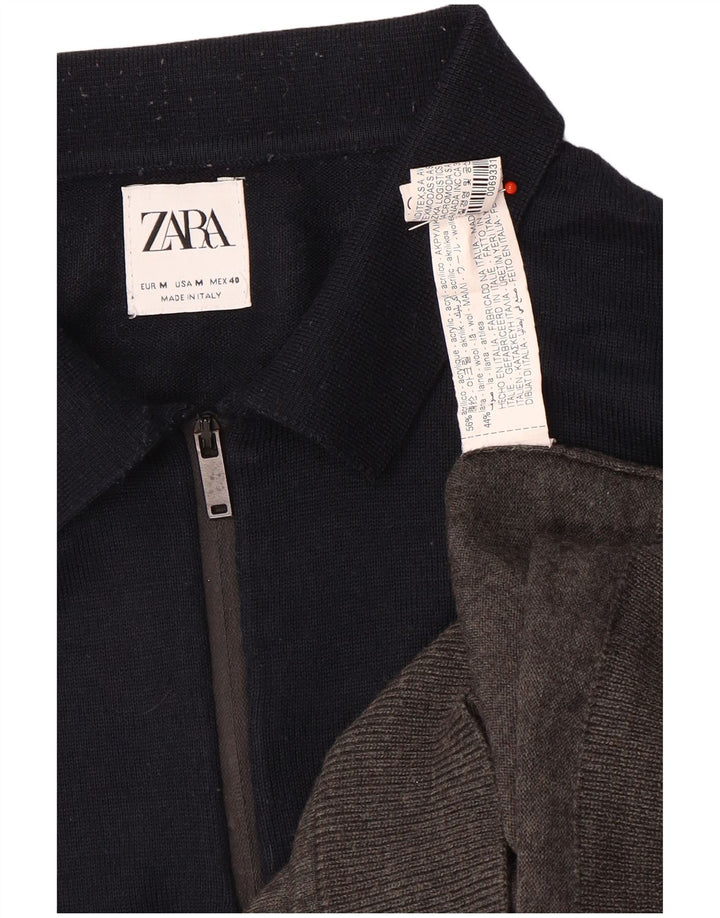 Zara Herre Polo Neck Jumper Sweater Medium Navy Blue Colourblock Akryl