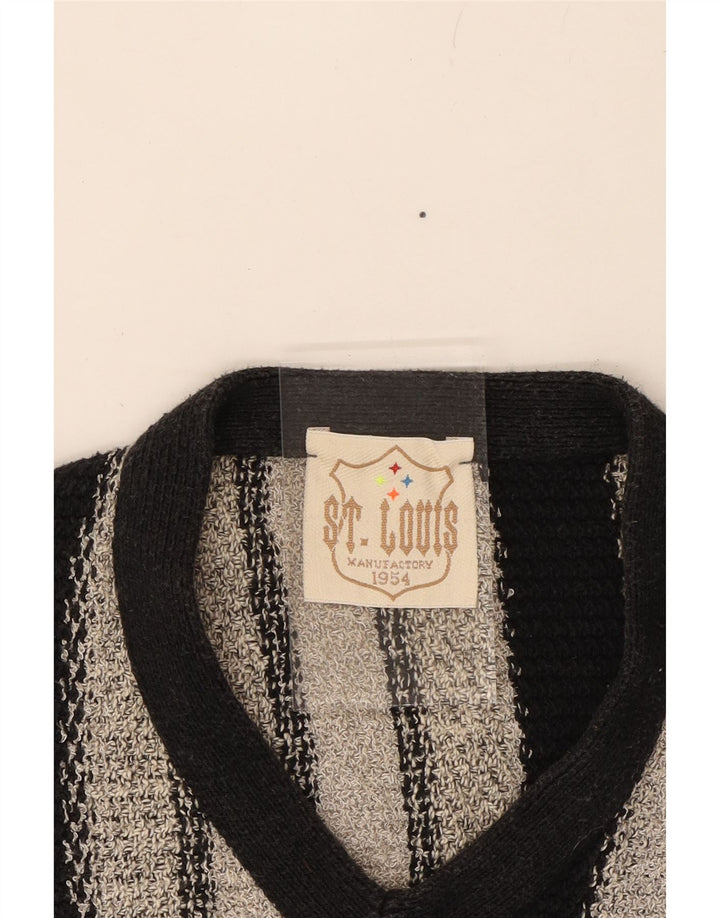 VINTAGE Mens V-Neck Jumper Sweater Medium Grey Striped Vintage Vintage and Second-Hand Vintage from Messina Hembry 