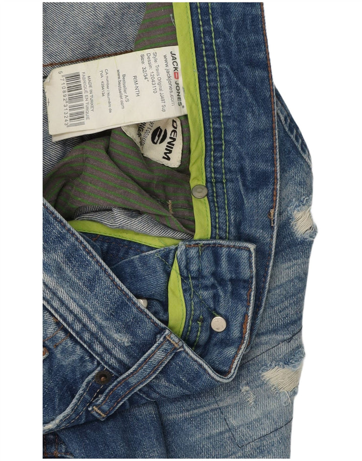Jack & Jones Herre Distressed Straight Jeans W32 L34 Blå Patchwork Bomuld