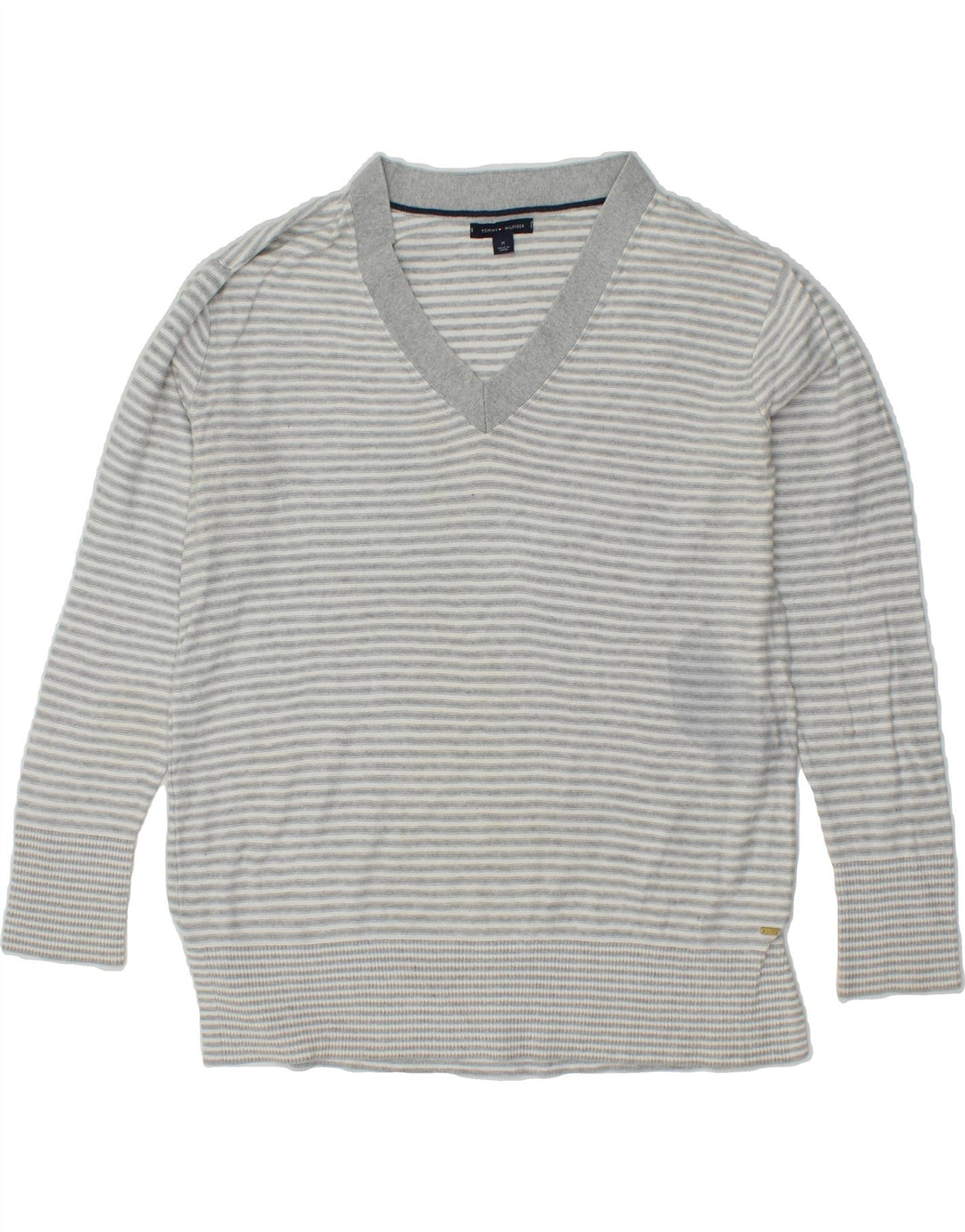 TOMMY HILFIGER Womens V-Neck Jumper Sweater UK 14 Medium Grey Striped Vintage Tommy Hilfiger and Second-Hand Tommy Hilfiger from Messina Hembry 