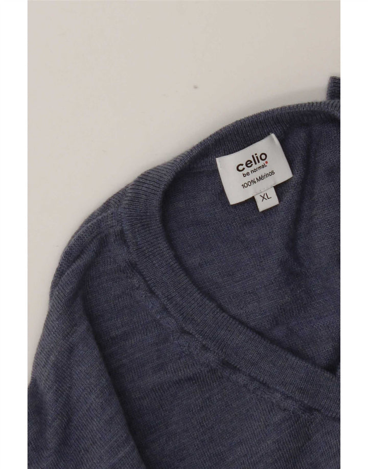 Celio Herre V-hals sweater XL Blå Flecked Merino Uld