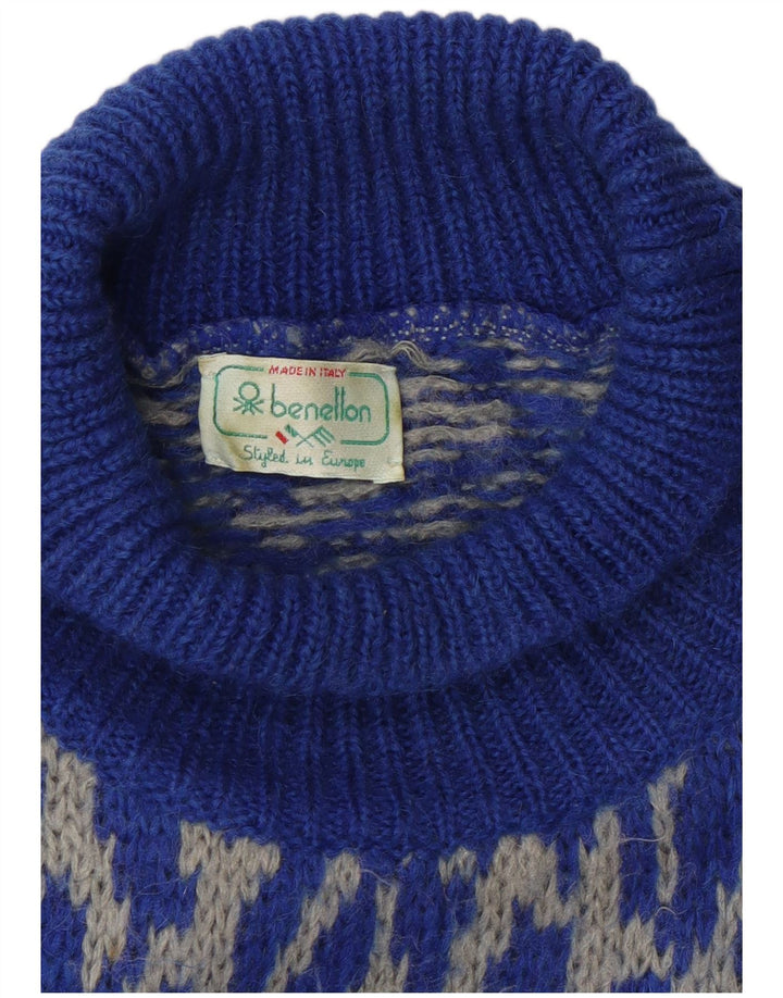 Benetton Dame Roll Neck Jumper Sweater UK 16 Large Blue Geometric