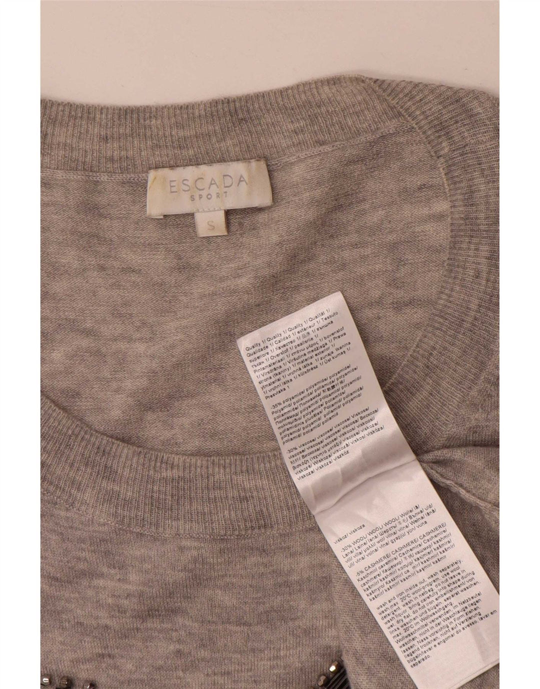 Escada Dame Grafisk Oversized Boat Neck Jumper Sweater UK 10 Small Grey