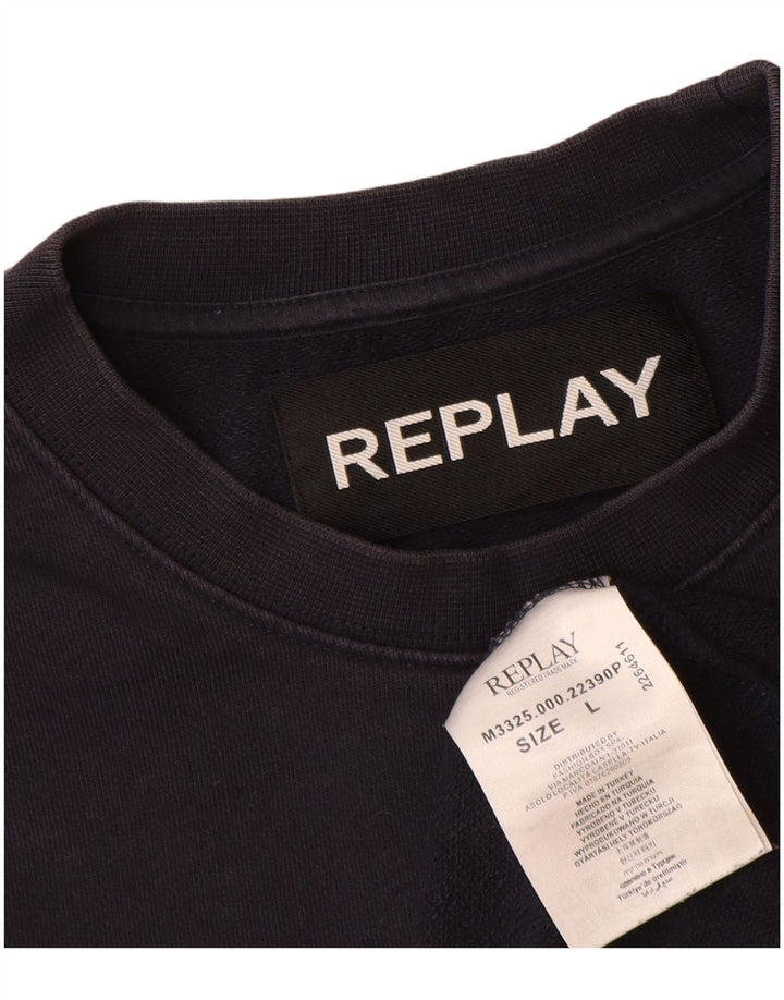Replay Herre Grafisk Sweatshirt Jumper Large Navy Blue Colourblock Bomuld