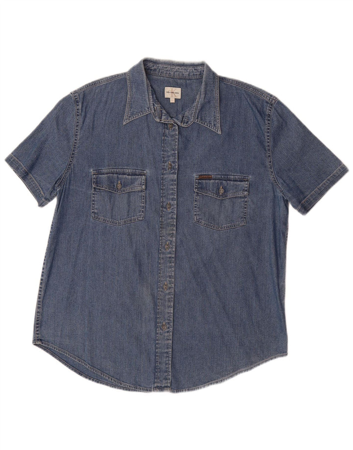 CALVIN KLEIN JEANS Kortærmet denimskjorte til kvinder UK 18 XL Blå Bomuld