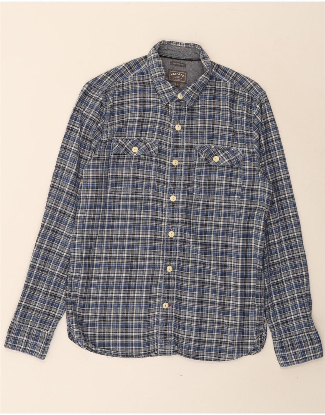 FAT FACE Herre Classic Fit Flanelskjorte Lille blå ternet bomuld