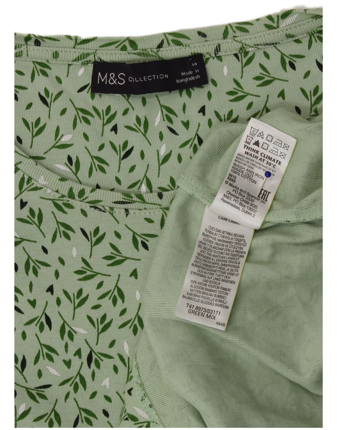 Marks & Spencer Dametop Langærmet UK 14 Mellemgrøn Blomsterbomuld