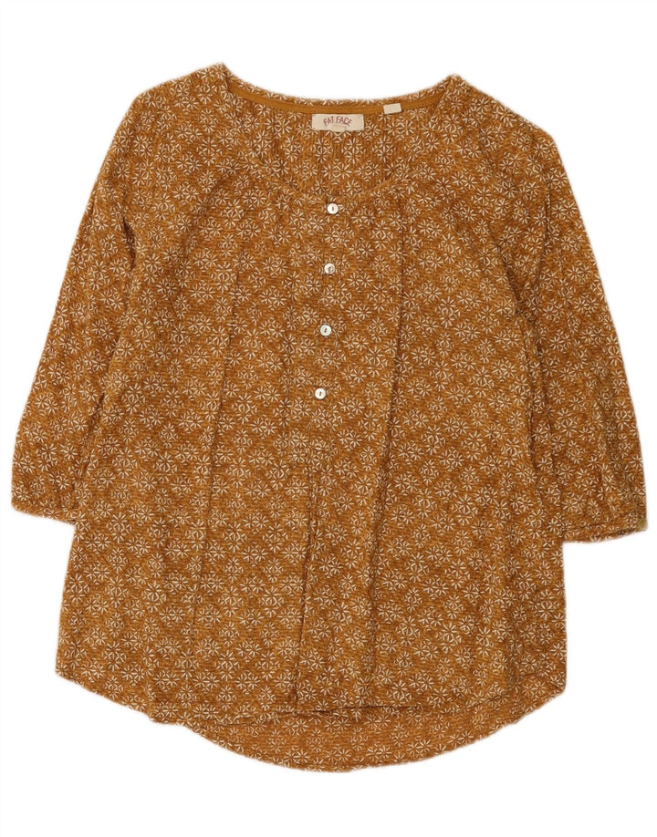 Fat Face Dame 3/4-ærmet Pullover Shirt UK 8 Small Brown Floral Cotton