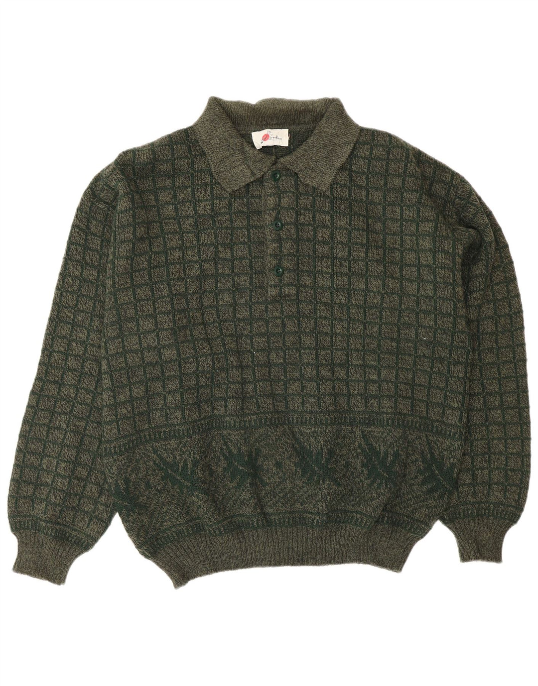 Vintage Herre Polo Neck Jumper Sweater Stor Khaki Geometrisk Akryl