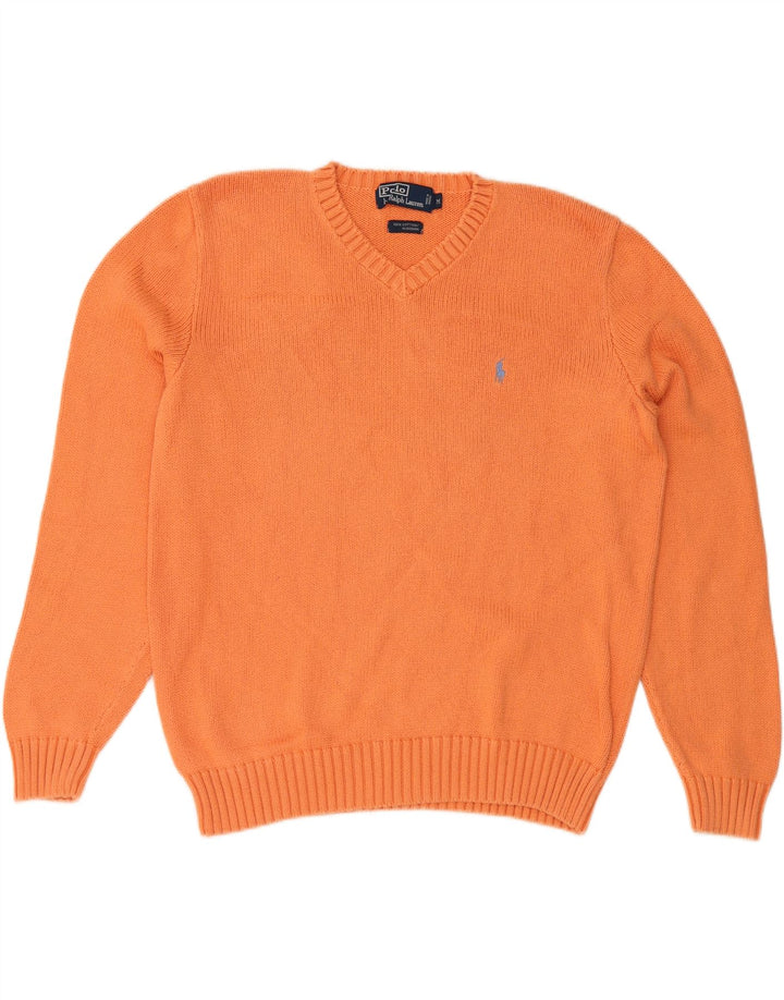 POLO RALPH LAUREN Mens V-Neck Jumper Sweater Medium Orange