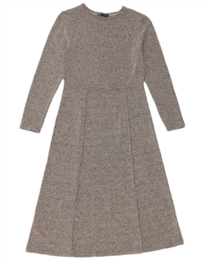 Zara Dame Langærmet A-Line Kjole UK 12 Medium Grå Flecked