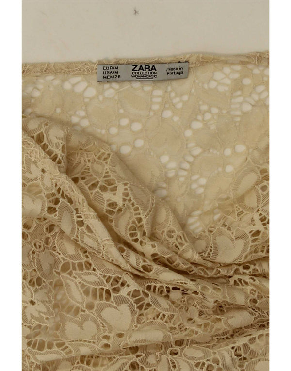 Zara Dame Langærmet Blonde Se Through Top UK 12 Medium Beige Floral