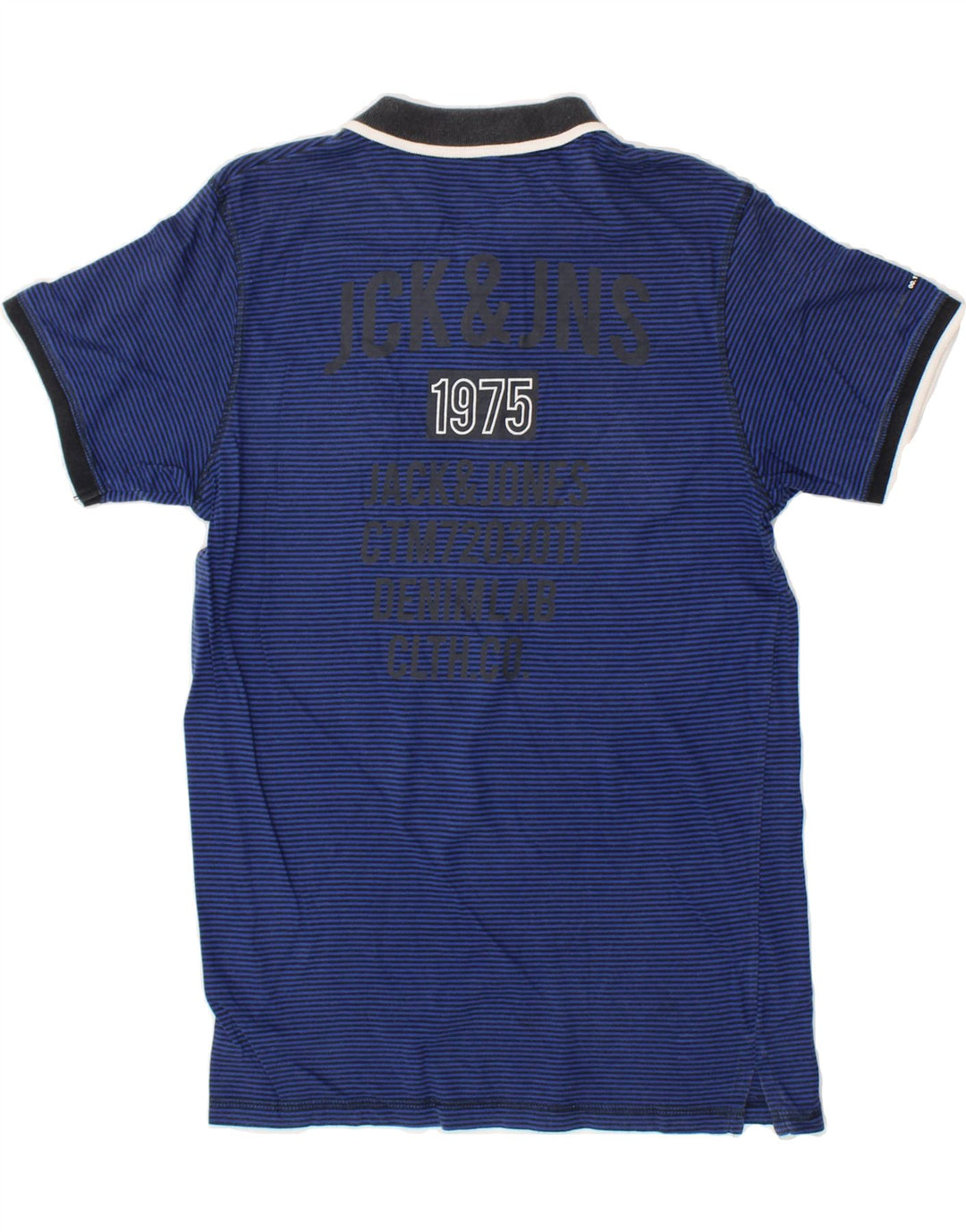 JACK & JONES Mens Graphic Polo Shirt Medium Navy Blue Pinstripe Vintage Jack & Jones and Second-Hand Jack & Jones from Messina Hembry 
