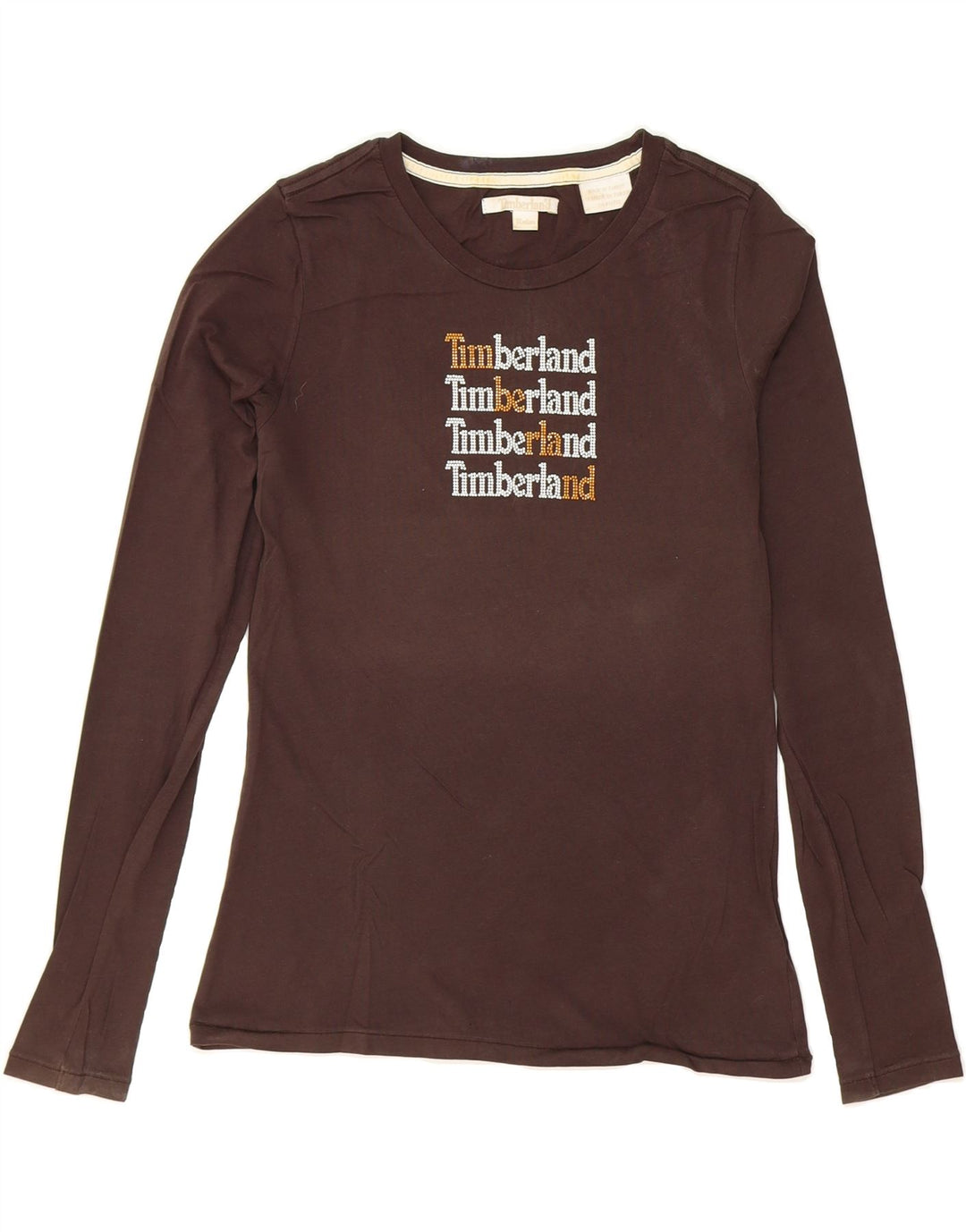 TIMBERLAND Womens Graphic Top Long Sleeve UK 12 Medium Brown Cotton Vintage Timberland and Second-Hand Timberland from Messina Hembry 