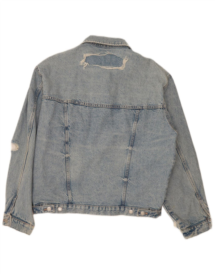 Zara Dame Distressed Oversized Denim Jacket UK 14 Medium Blue Cotton