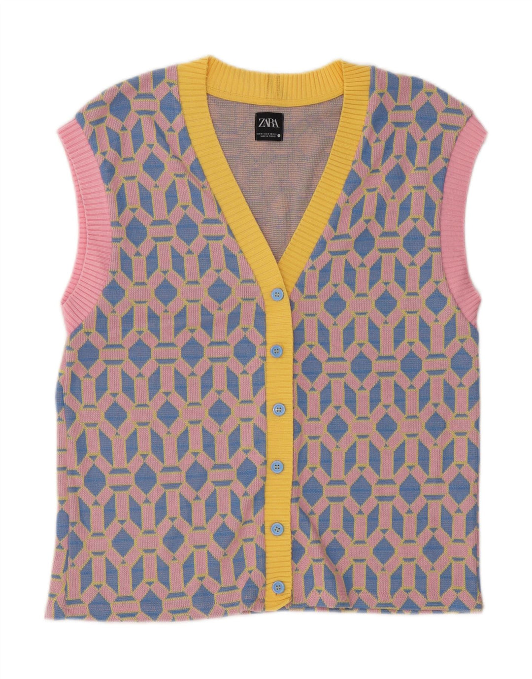 Zara Dame Ærmeløs Cardigan Sweater UK 14 Medium Blue Geometric