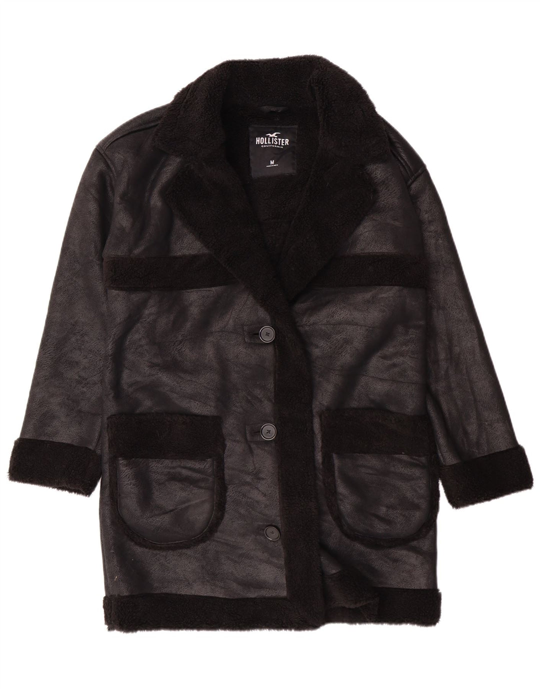 Hollister Sherpa Coat UK 14 Medium Sort Polyester til kvinder