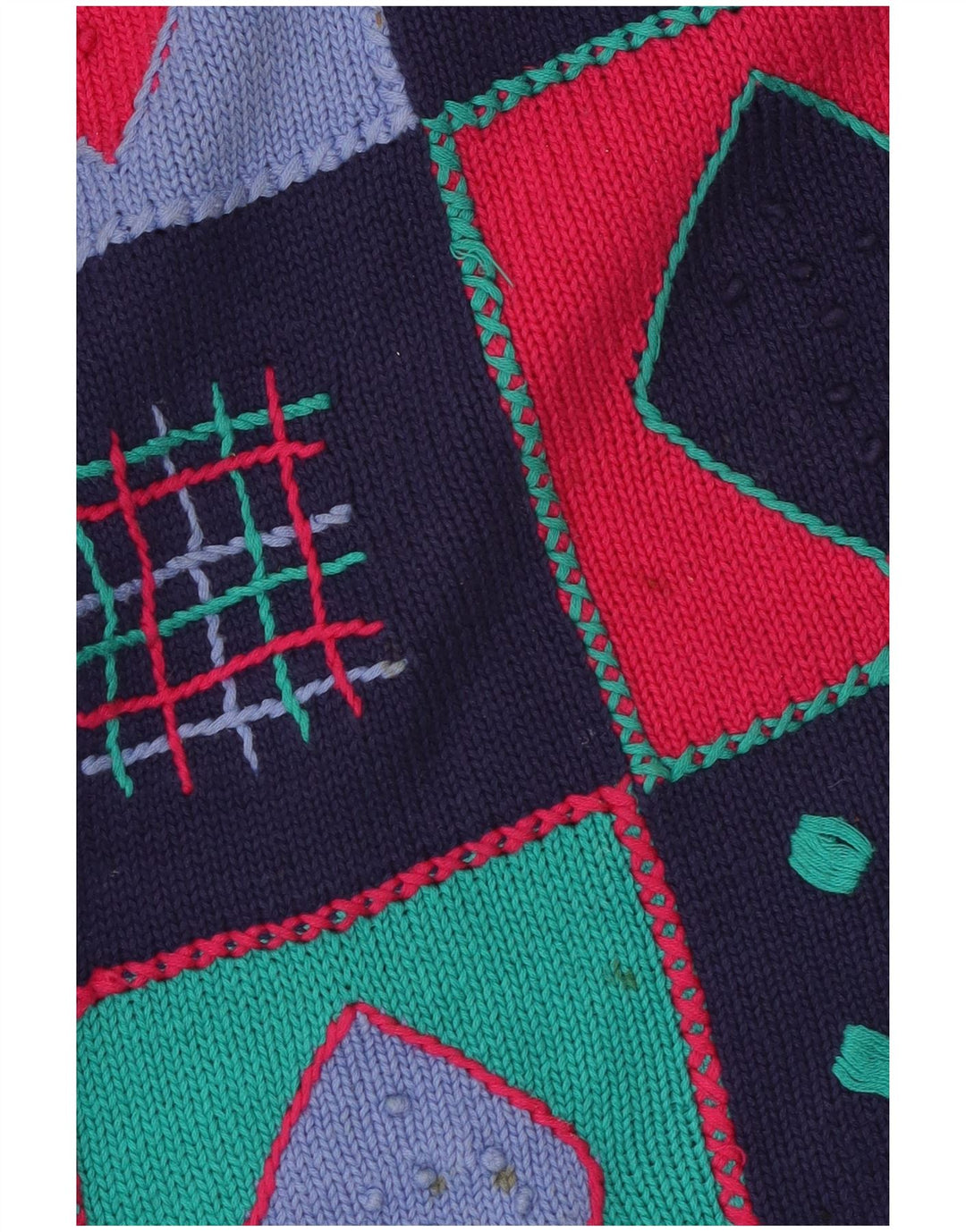 VINTAGE Dame sweater med rund hals DK 14 Medium Navy Blue Patchwork