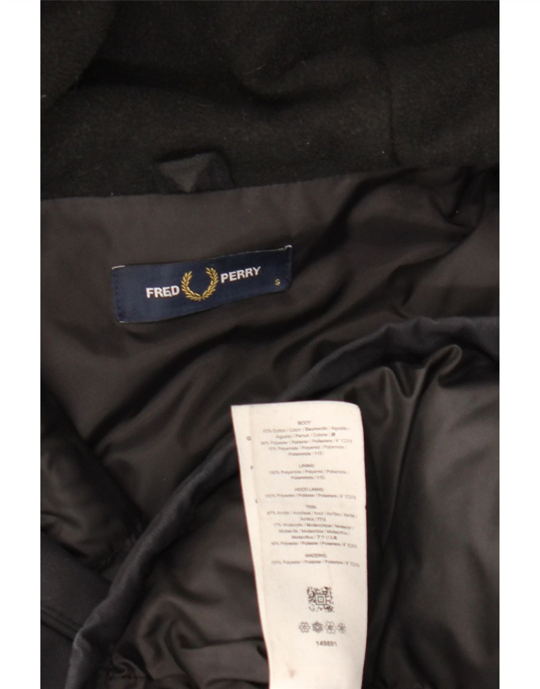 FRED PERRY Parkajakke med hætte til mænd UK 36 Lille sort bomuld
