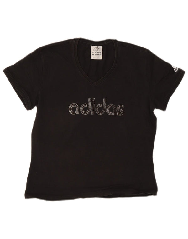 ADIDAS Dame Crop Grafisk T-Shirt Top UK 14 Medium Sort Bomuld