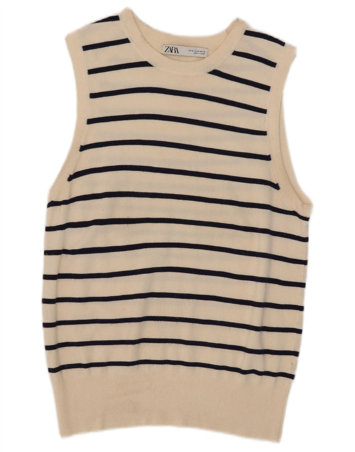 Zara Dame Vest Tank Top UK 12 Medium Off White Stribet