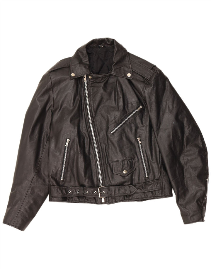 VINTAGE Womens Oversized Læder Biker Jacket UK 10 Lille sort læder