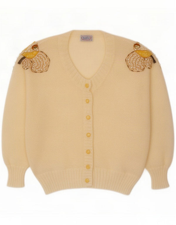 Vintage Kvinde grafisk cardigan Sweater UK 16 Large Off White Mohair