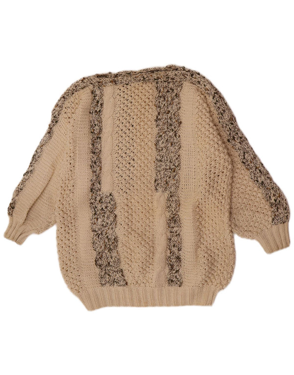 Vintage Dame Boat Neck Jumper Sweater UK 14 Stor Beige Stribet Bomuld