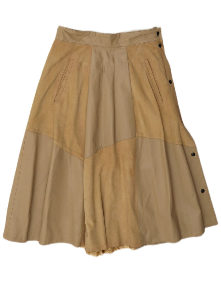 Vintage Dame Læder Flared Skirt IT 42 Medium W26 Beige Colourblock