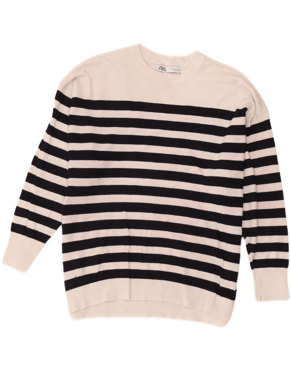 Zara Dame Oversized Crew Neck Jumper Sweater UK 16 Stor hvid stribet