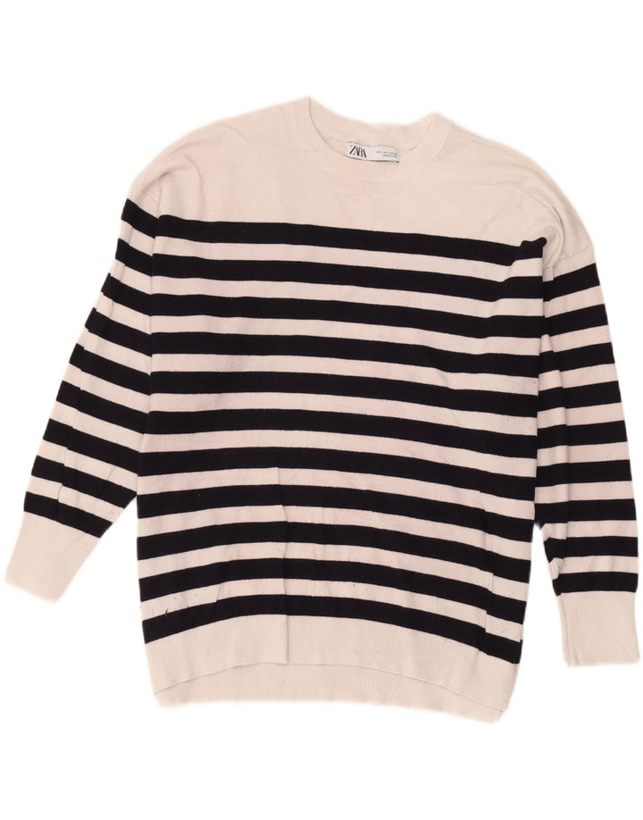 Zara Dame Oversized Crew Neck Jumper Sweater UK 16 Stor hvid stribet
