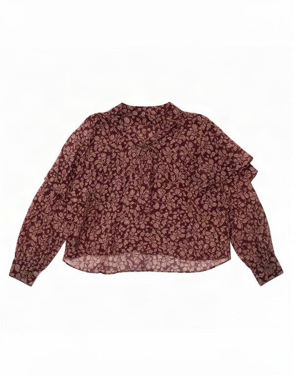 Zara Womens Oversized Crop Long Sleeve Blouse Top UK 6 XS Burgundy Floral