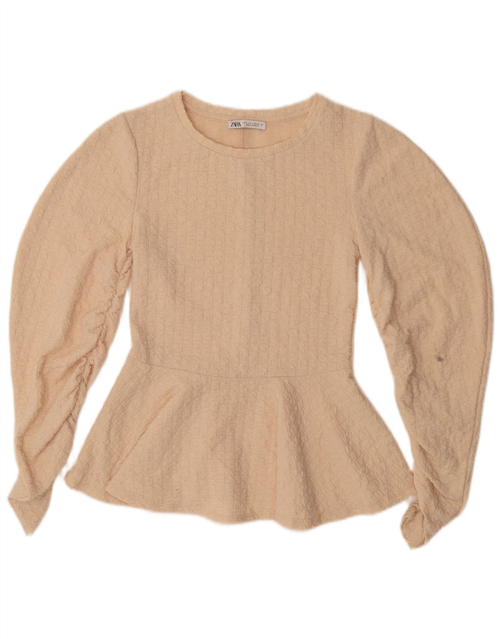 ZARA Womens Long Sleeve Blouse Top UK 8 Small Beige Polyester