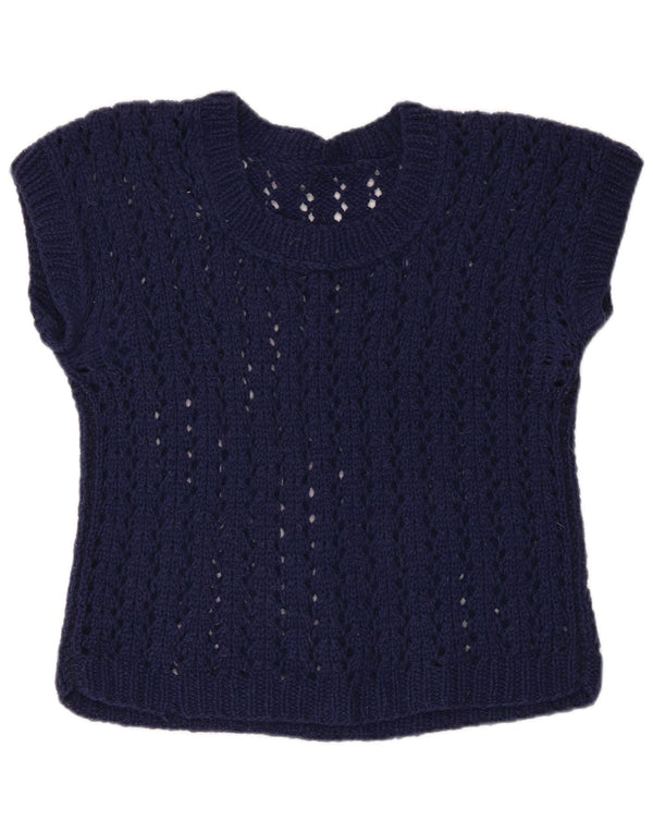 VINTAGE Womens Crop Boat Neck Jumper Sweater UK 12 Medium Navy Blue