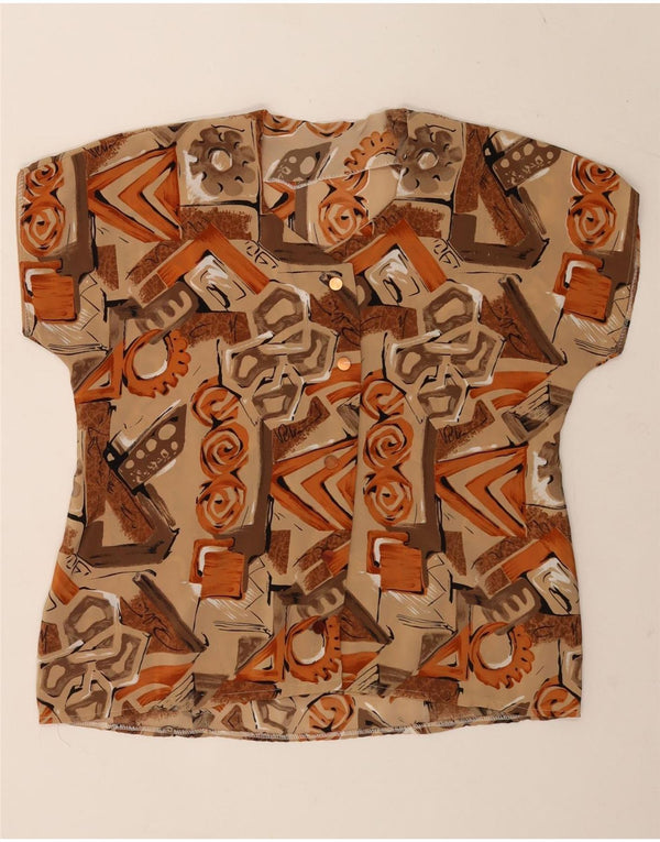 Vintage Dame Kortærmet Bluse Top UK 14 Stor Beige Geometrisk