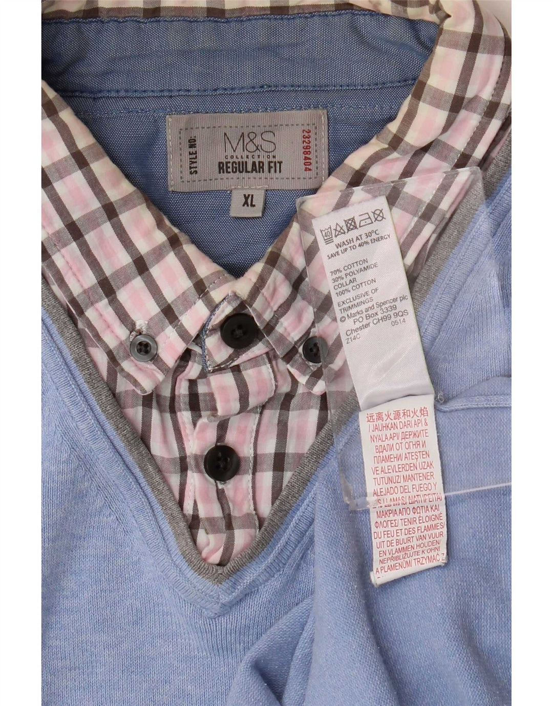Marks & Spencer Herre Regular Fit V-hals sweater XL blå ternet bomuld