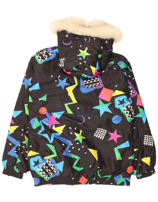 Vintage Dame Hætte Vindjakke UK 16 Stor Sort Geometrisk