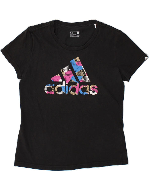 ADIDAS Dame Climalite grafisk T-shirt top UK 12/14 medium sort bomuld