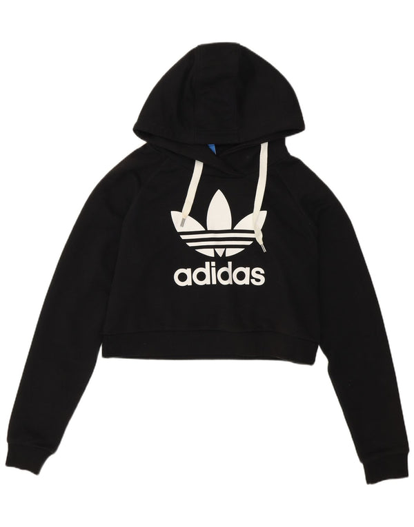Adidas Dame Grafisk Crop Hoodie Jumper UK 14 Stor Sort Bomuld