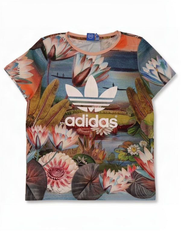 Adidas Dame Grafisk T-Shirt Top UK 12 Medium Multicolored Floral