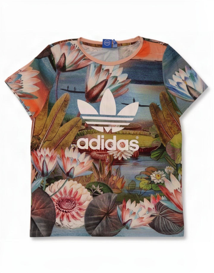 Adidas Dame Grafisk T-Shirt Top UK 12 Medium Multicolored Floral