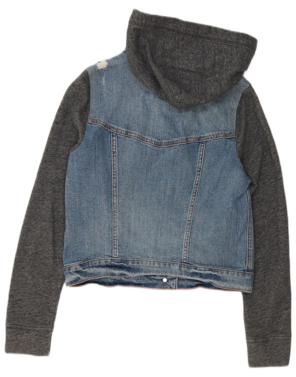 Hollister Dame Crop Hooded Denim Jacket UK 10 Small Blue Colourblock