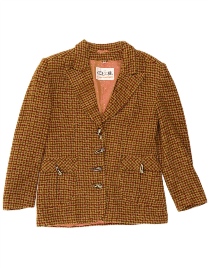 Vintage Dame 4-knaps Blazer Jacket IT 46 Stor Brun Houndstooth Uld