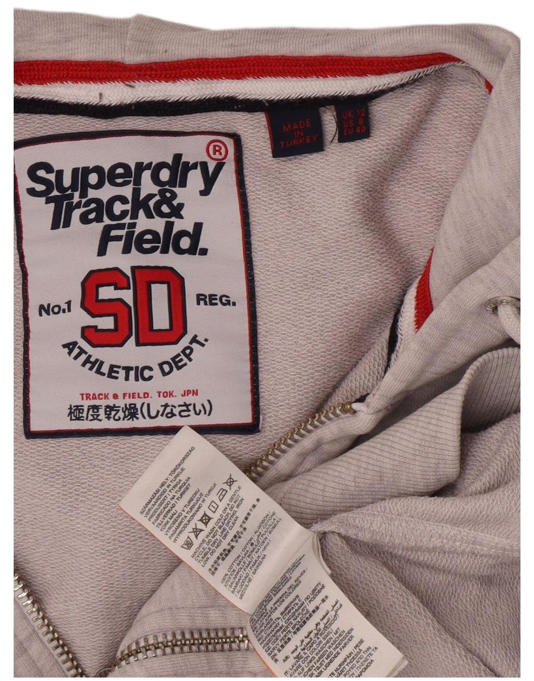 Superdry hættetrøje til kvinder med grafisk lynlås UK 12 mellemgrå bomuld