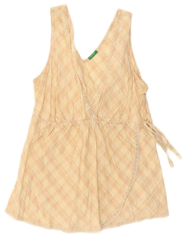 Benetton Dame ærmeløs bluse Top UK 14 Stor Beige Ternet Bomuld
