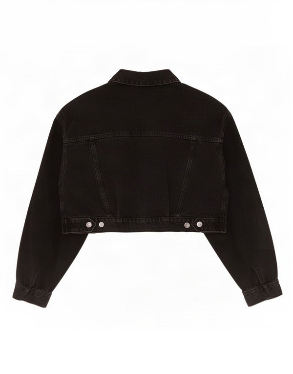 Zara Womens Crop Denim Jacket UK 16 Large Black Bomuld