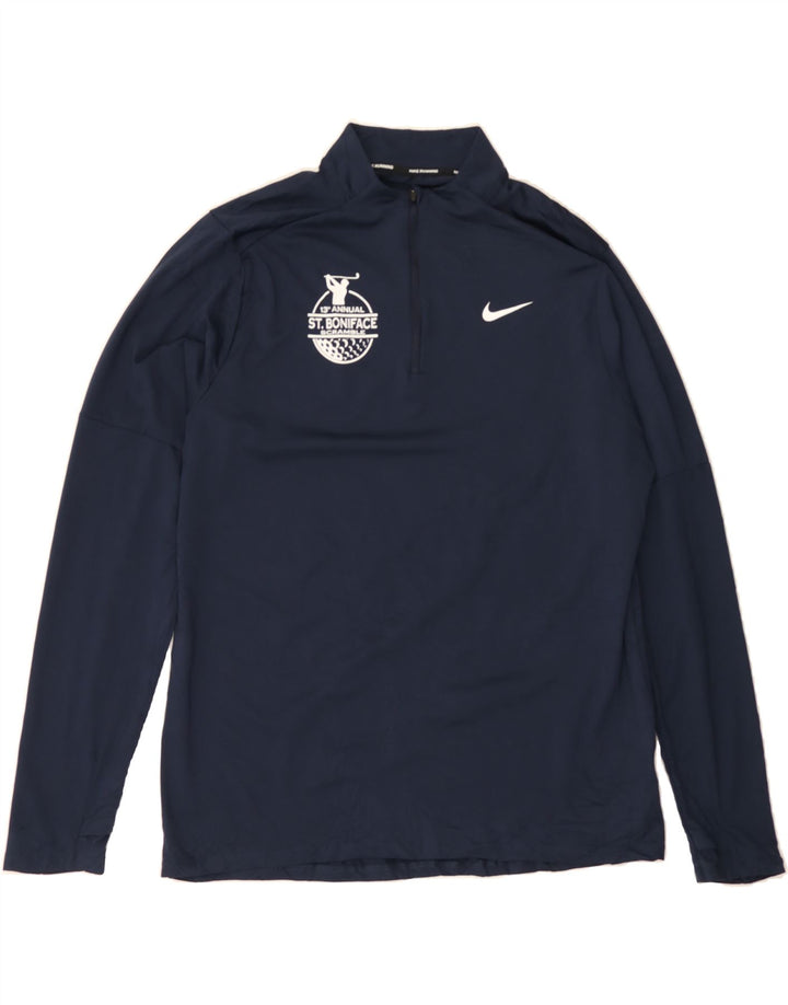 NIKE Mens Dri Fit Graphic Zip Neck Pullover Tracksuit Top Large Navy Blue Vintage Nike and Second-Hand Nike from Messina Hembry 